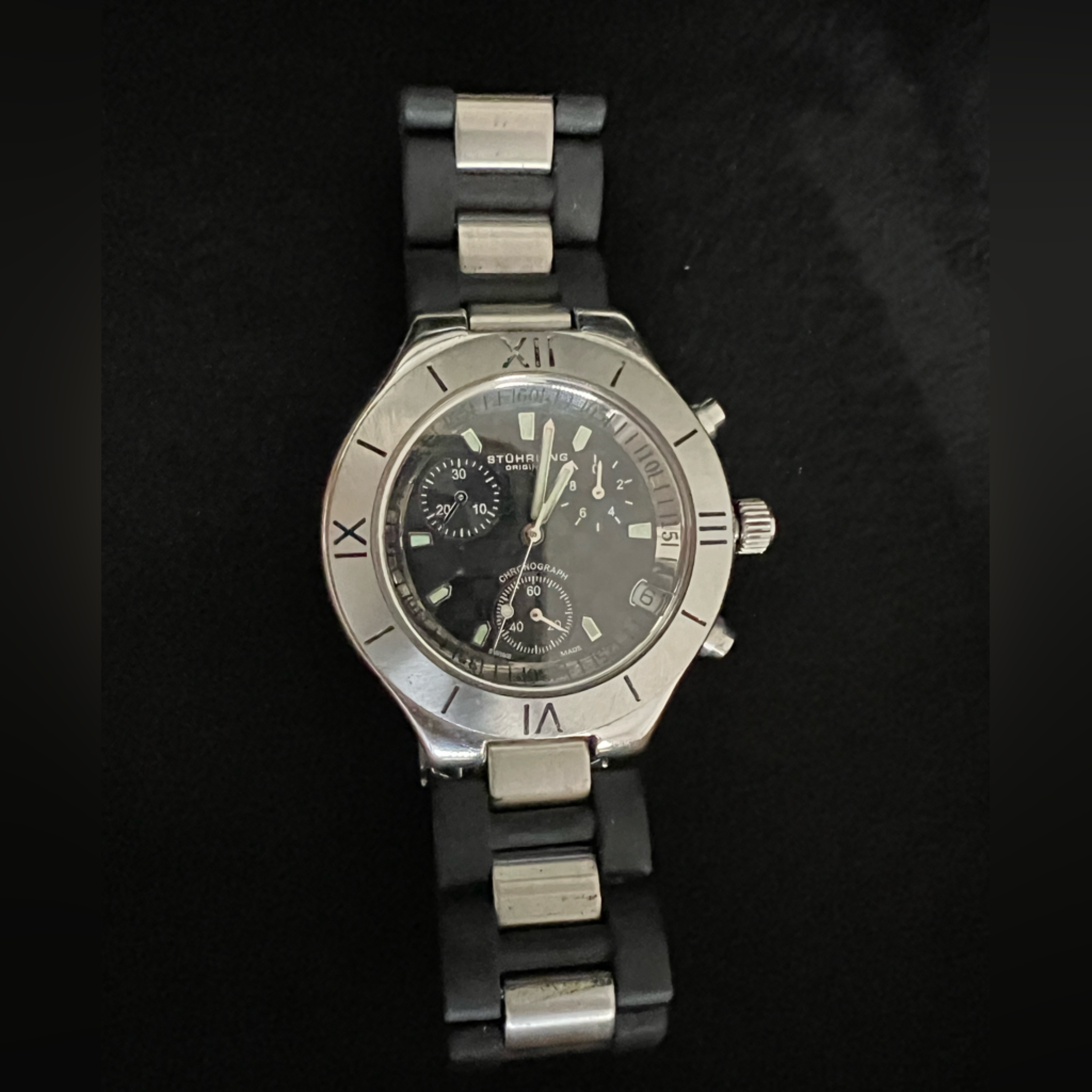 Stuhrling Original Mens Silver Dial Black Rubber Chronograph Strap Watch